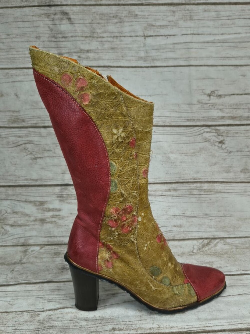 Eject Red & Gold Embroidered Leather Knee High Boots Size 38